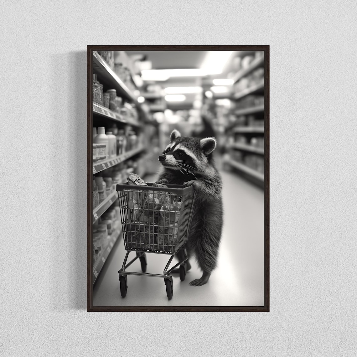 Funny Raccoon Pushing a Shopping Cart in a Black and White Print