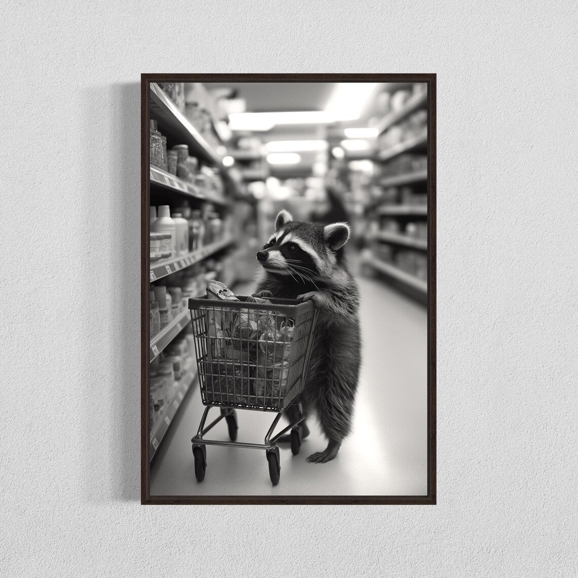Raccoon Shopping Wall Art Print Whimsical Illustration Fun Gray Animal Decor