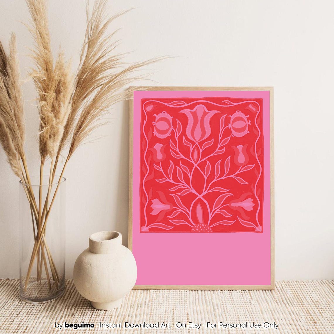 Pink Red Folk Floral Abstract Flower Painting Retro Botanical Poster - Image 3