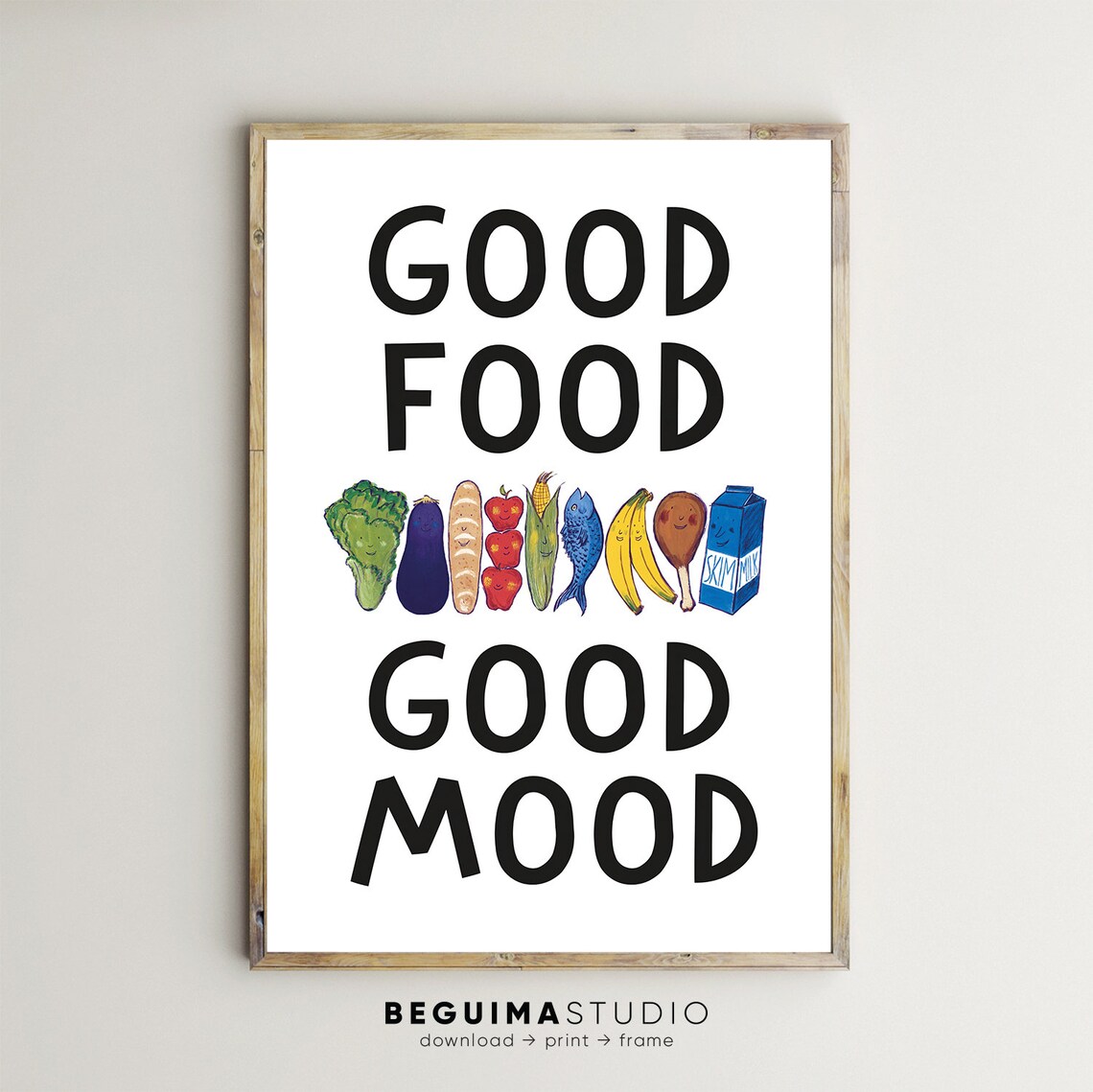Good Food Good Mood Smiling Food Characters Kitchen Quote Poster