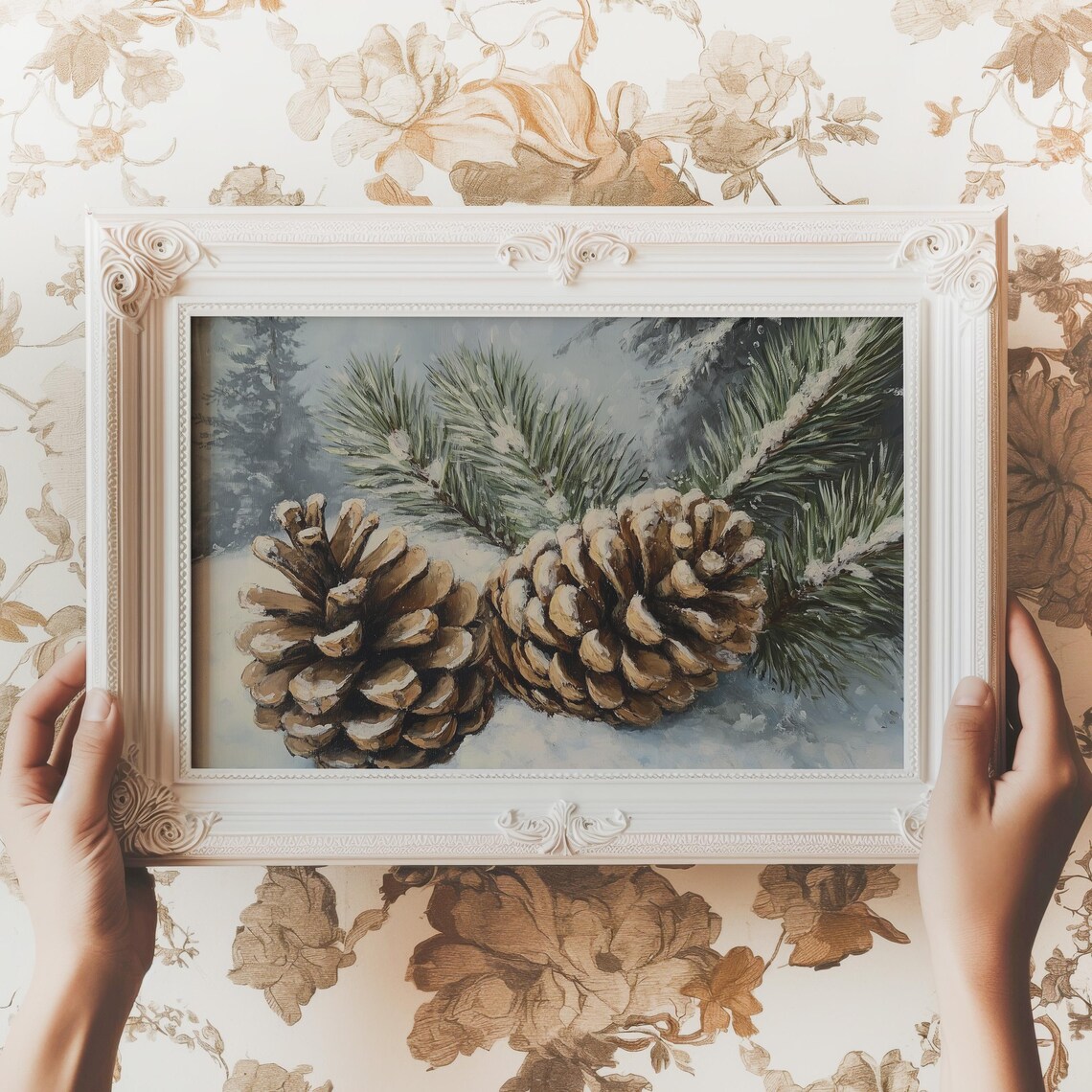Pine Cones On Snowy Evergreen Branches Watercolor Art Poster