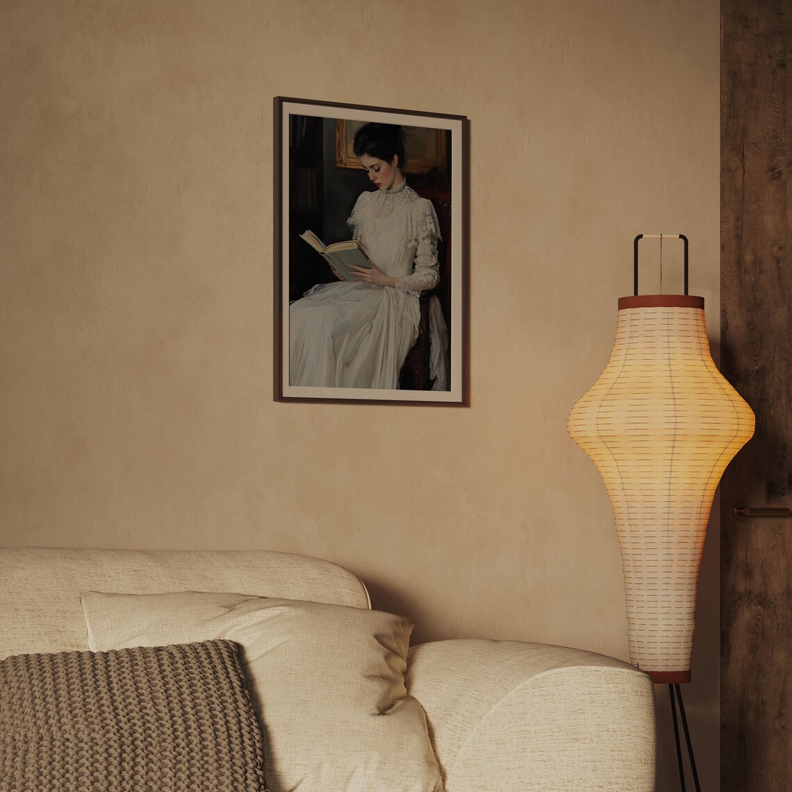 Woman in White Dress Reading a Book Vintage Oil Painting Print - Image 2