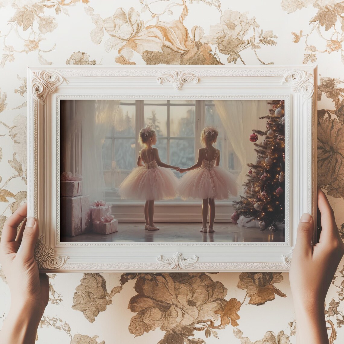 Two Little Ballerinas in Tutus by Christmas Tree Dreamy Holiday Poster