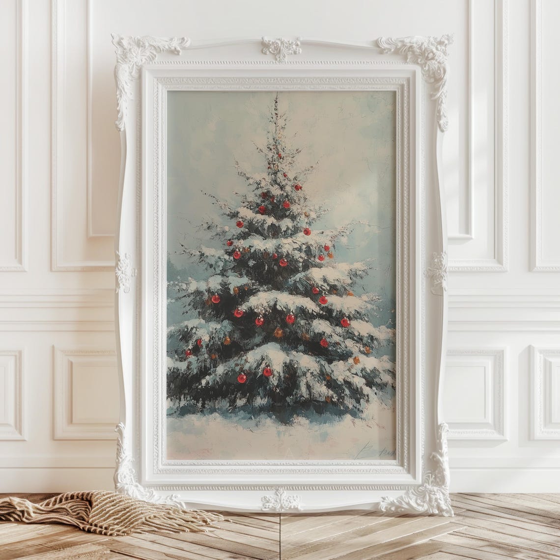 Snowy Christmas Tree With Red Ornaments Winter Painting Poster