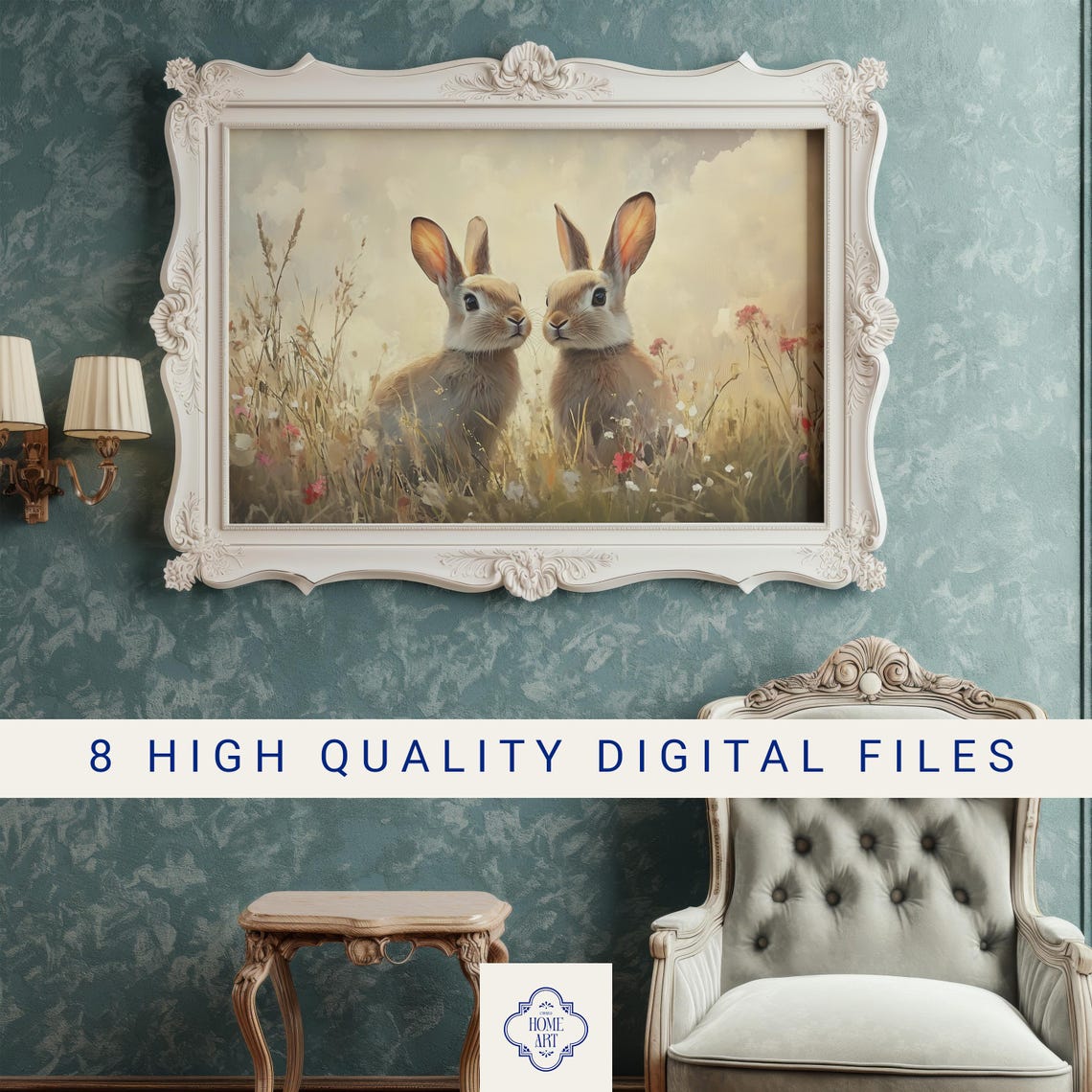 Two Rabbits Facing Each Other in a Wildflower Meadow Art Print - Image 3