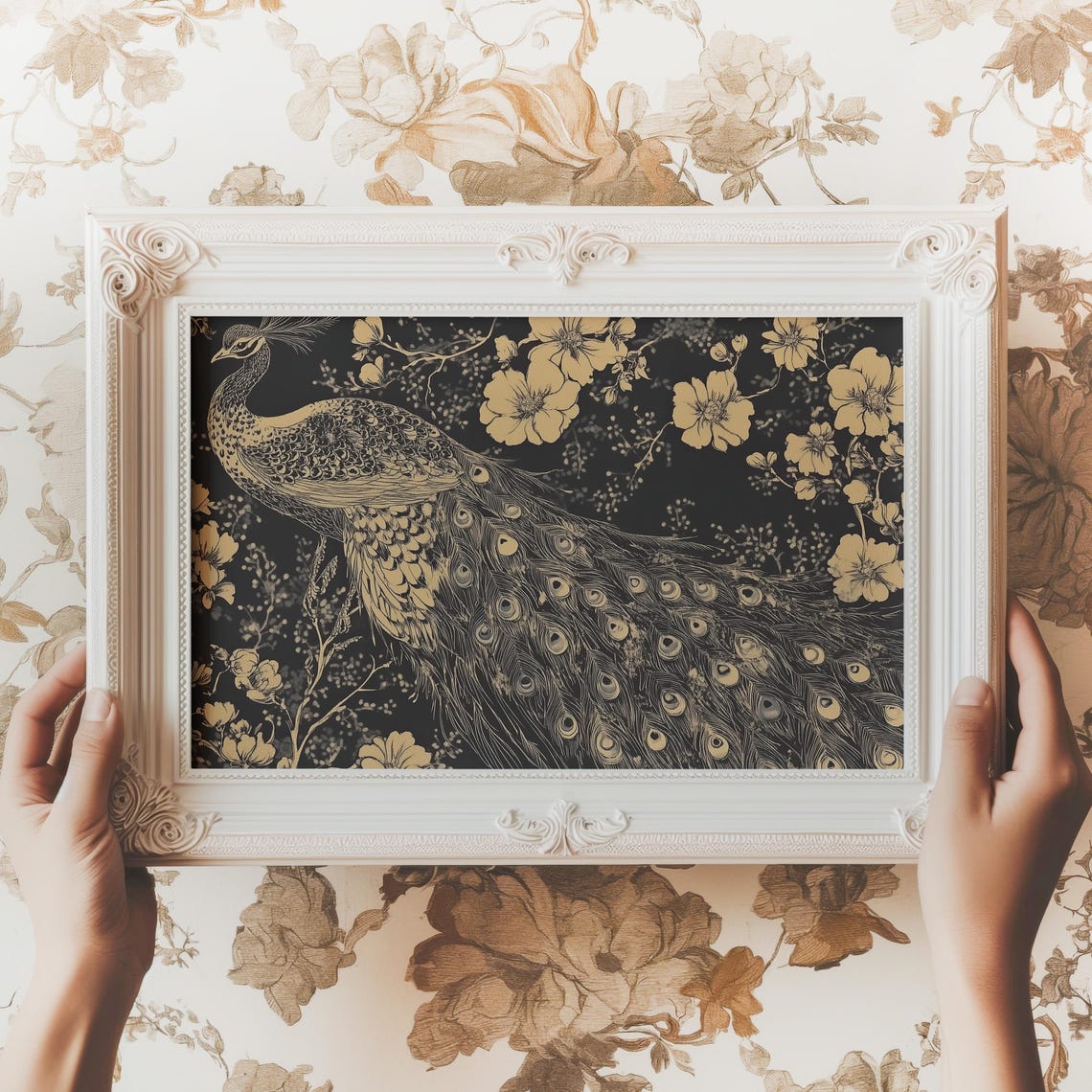Golden Peacock on Black Background with Gold Floral Branches Wall Art