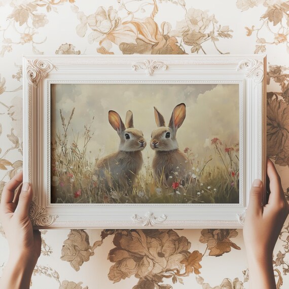 Vintage Easter Decor Print Antique Bunnies Wall Art Moody Rabbit Painting Hare Spring Decor Rustic Artwork