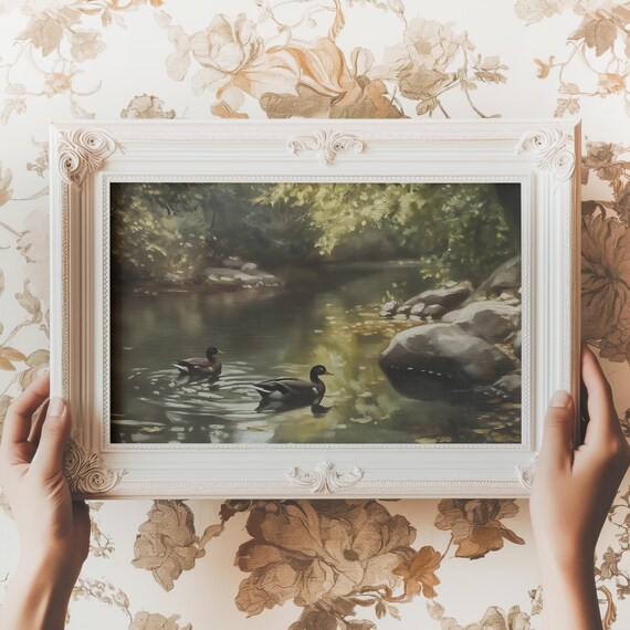 Two Ducks Swimming on Pond Vintage Oil Painting Wildlife Nature Poster