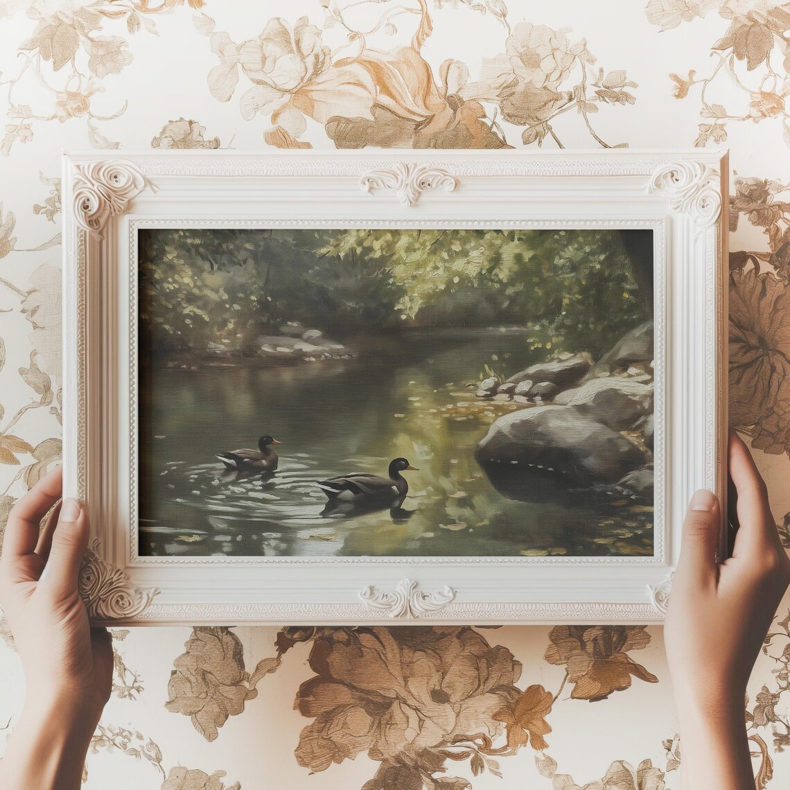 Two Ducks Swimming on Pond Vintage Oil Painting Wildlife Nature Poster