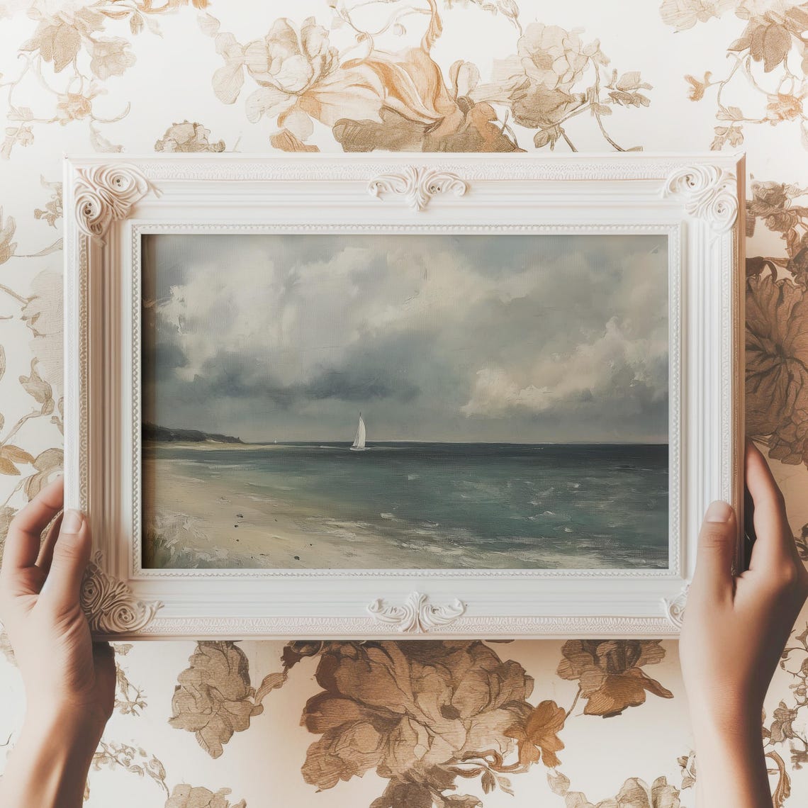 Lone Sailboat on Calm Sea Under Cloudy Sky Coastal Art Print