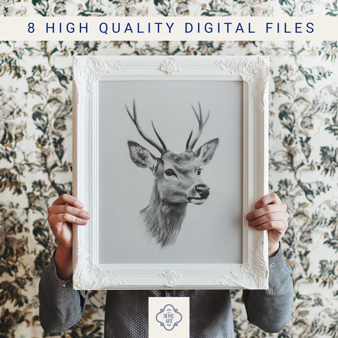 Stag Head With Antlers Pencil Sketch Wildlife Portrait Poster - Image 3