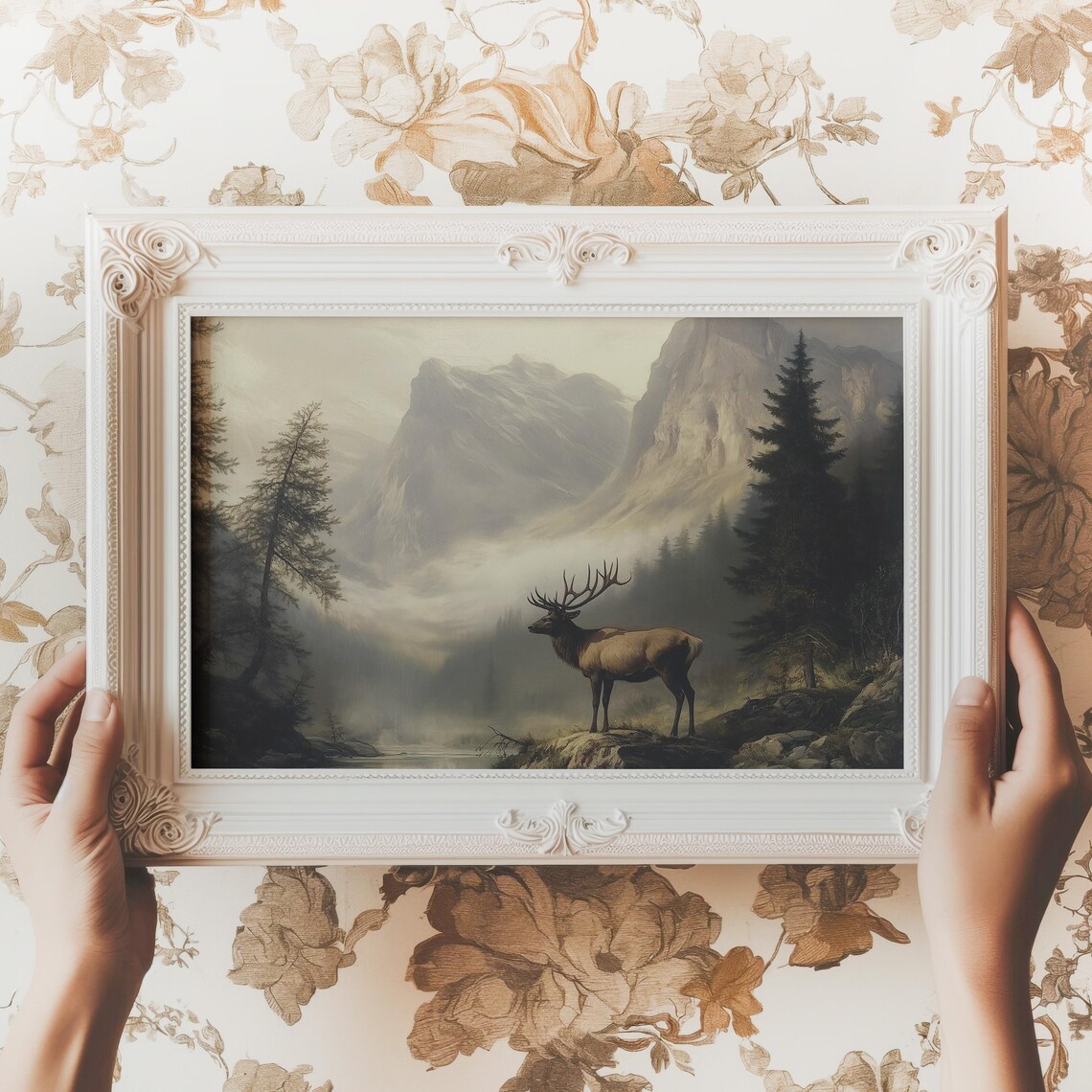 Elk Standing on Rocky Ridge in Misty Mountains Moody Wildlife Poster