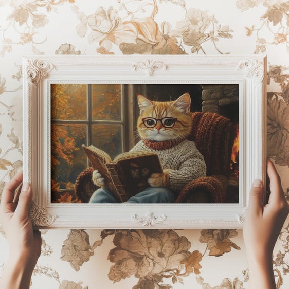 Vintage Christmas Kitten In Santa Hat Print Cute Cat Reading Painting Academia Xmas Art Winter Holiday Decor