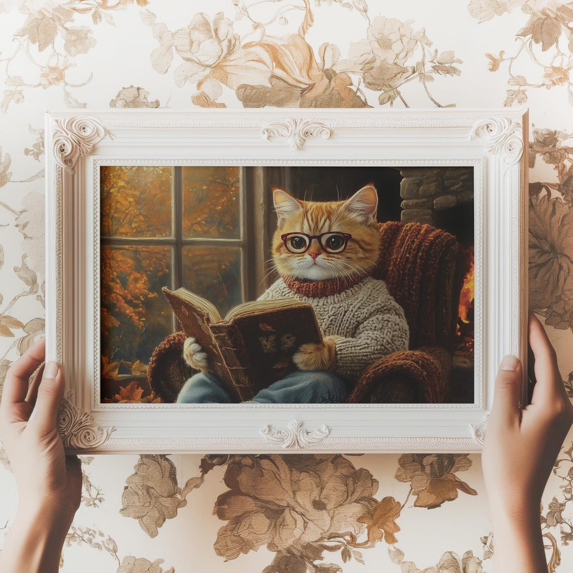 Ginger Cat Reading Book Cozy Autumn Fireplace Scene Art Poster