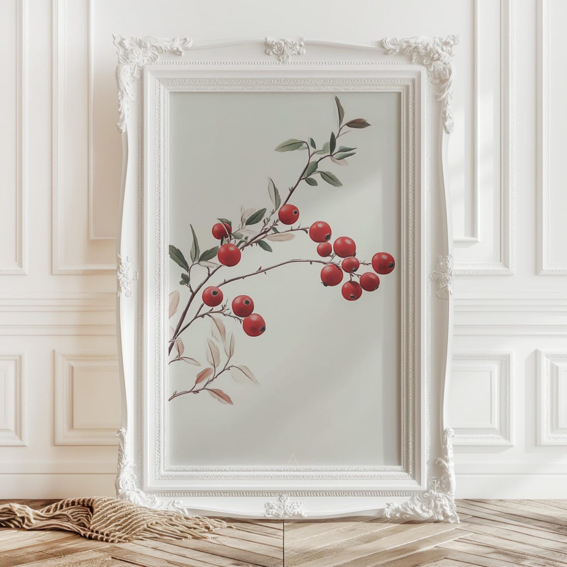 Red Winter Berries On Branch Minimal Botanical Watercolor Poster