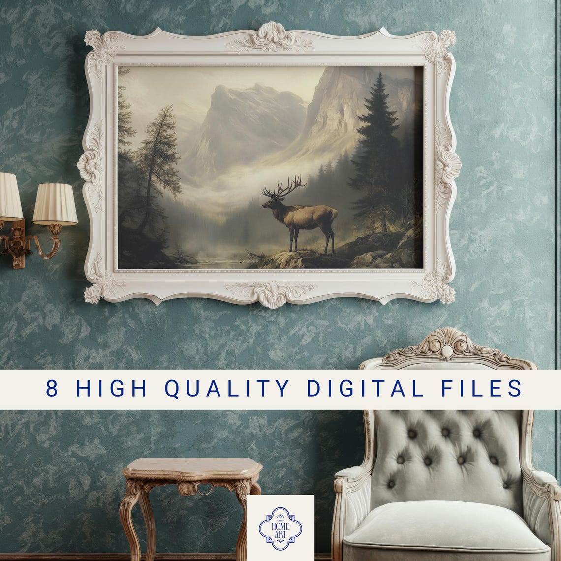 Elk Standing on Rocky Ridge in Misty Mountains Moody Wildlife Poster - Image 3