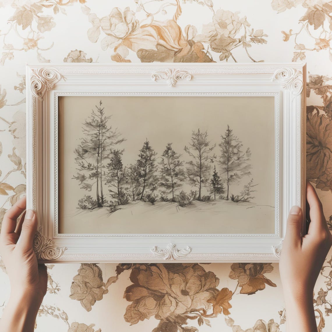 Pine Tree Line Sepia Sketch Minimalist Forest Pencil Drawing Poster