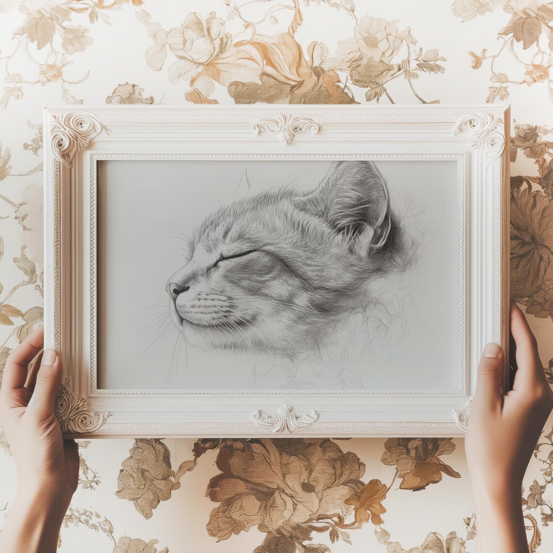Sleeping Gray Cat Pencil Sketch Serene Feline Portrait Poster