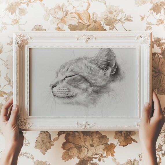 Sleeping Gray Cat Pencil Sketch Serene Feline Portrait Poster
