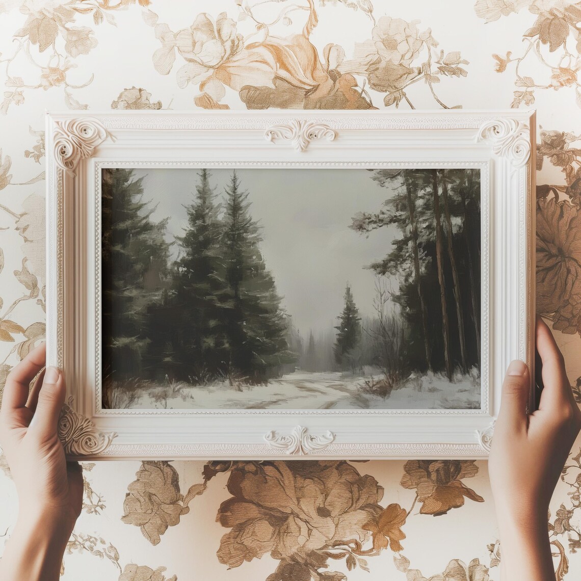 Misty Snowy Pine Forest Foggy Winter Woodland Landscape Poster