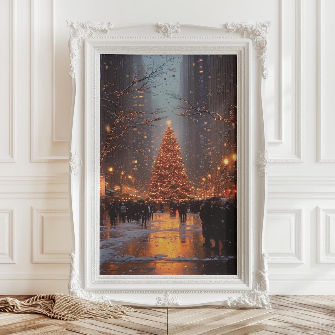 Glowing City Christmas Tree At Night Snowy Crowd Scene Poster