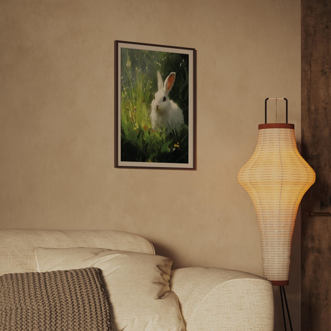Fluffy White Rabbit Peeking Out of Tall Green Summer Grass Art Print - Image 2