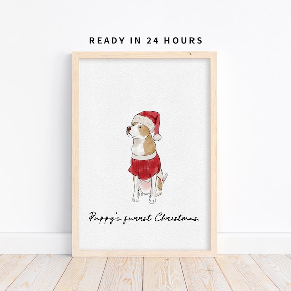 Puppys Furrst Christmas Custom Dog Portrait Santa Hat Holiday Pet Poster