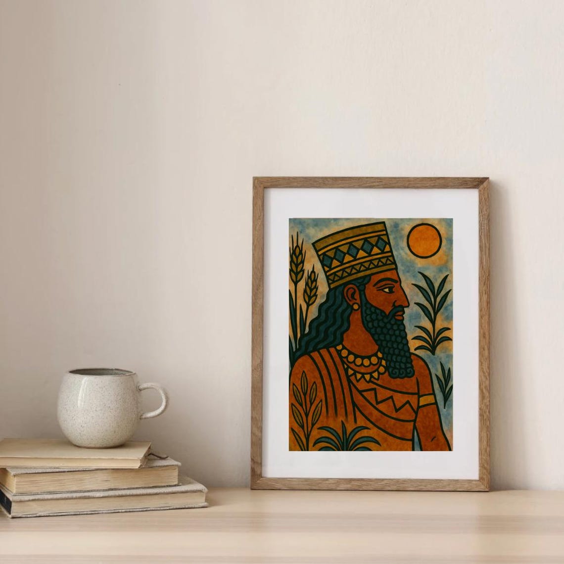 Ancient Crowned Bearded King Wheat Field Sun Tribal Art Poster