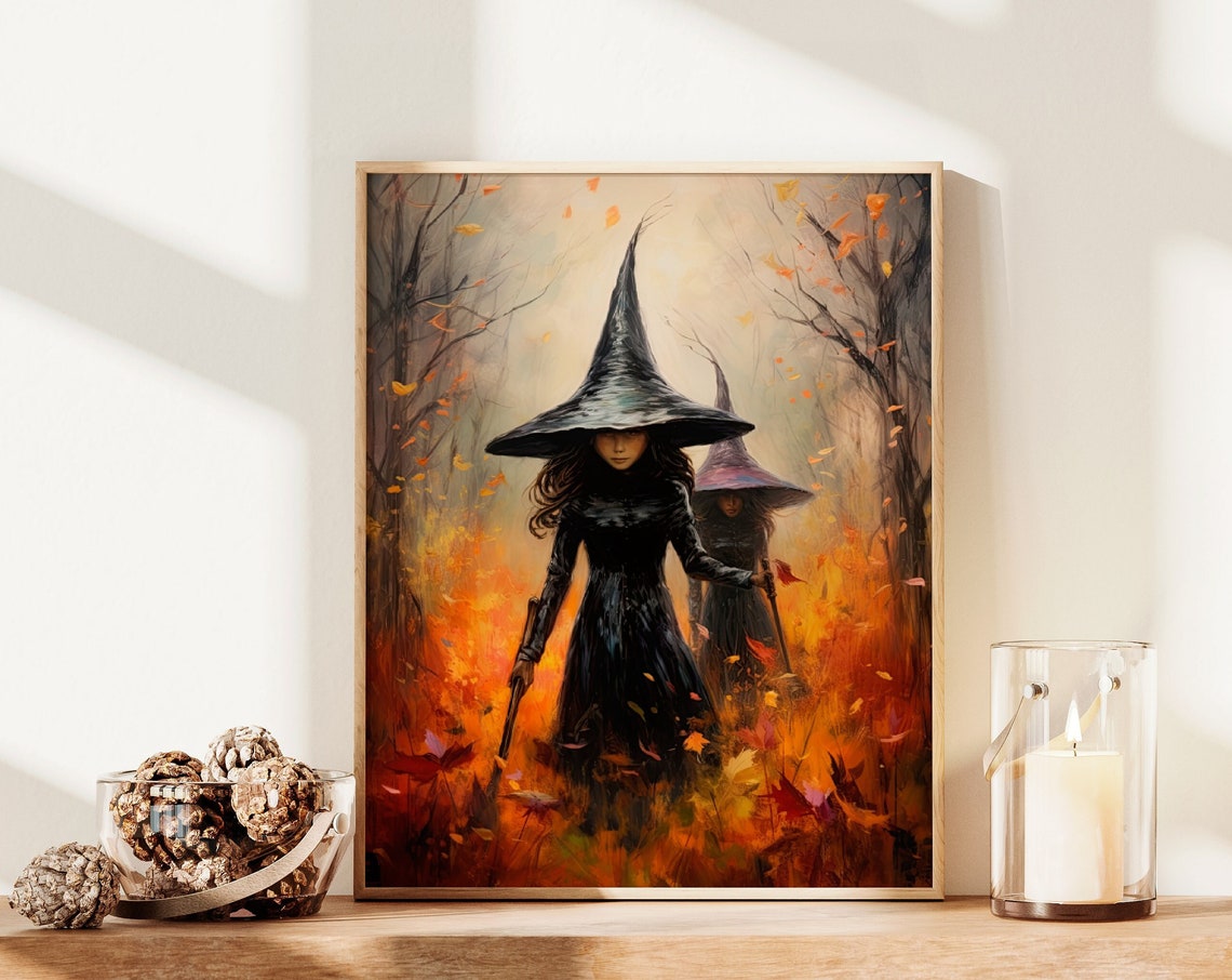 Two Witches Walking Through Autumn Forest Leaves Mystical Wall Poster - Image 2