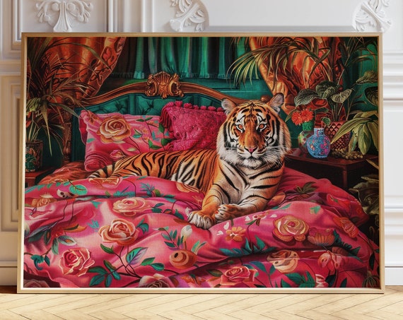 Tiger Floral Print Maximalist Wall Art Dopamine Decor Bedroom Wall Art Trendy Print Preppy Room Decor Colorful Wall Art Floral Home Decor