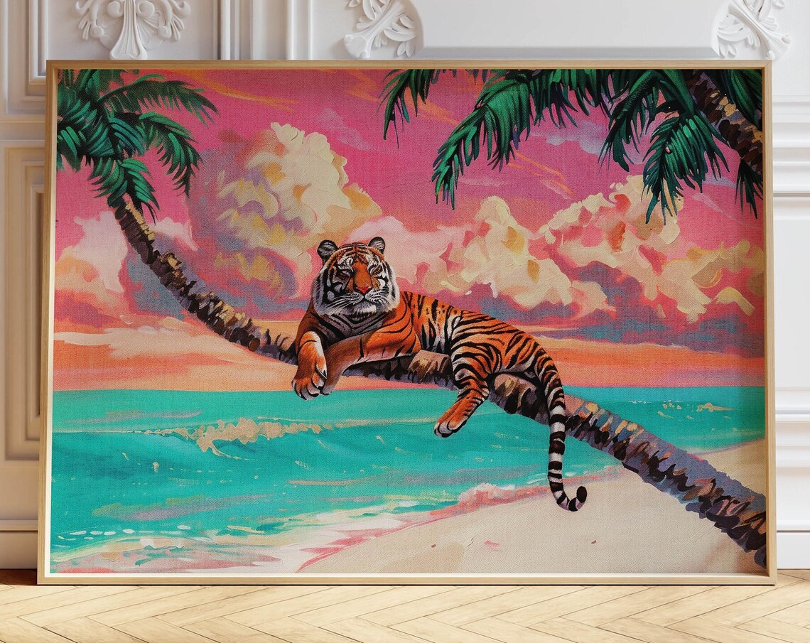 Tiger Beach Maximalist Art Print, Tropical Decor