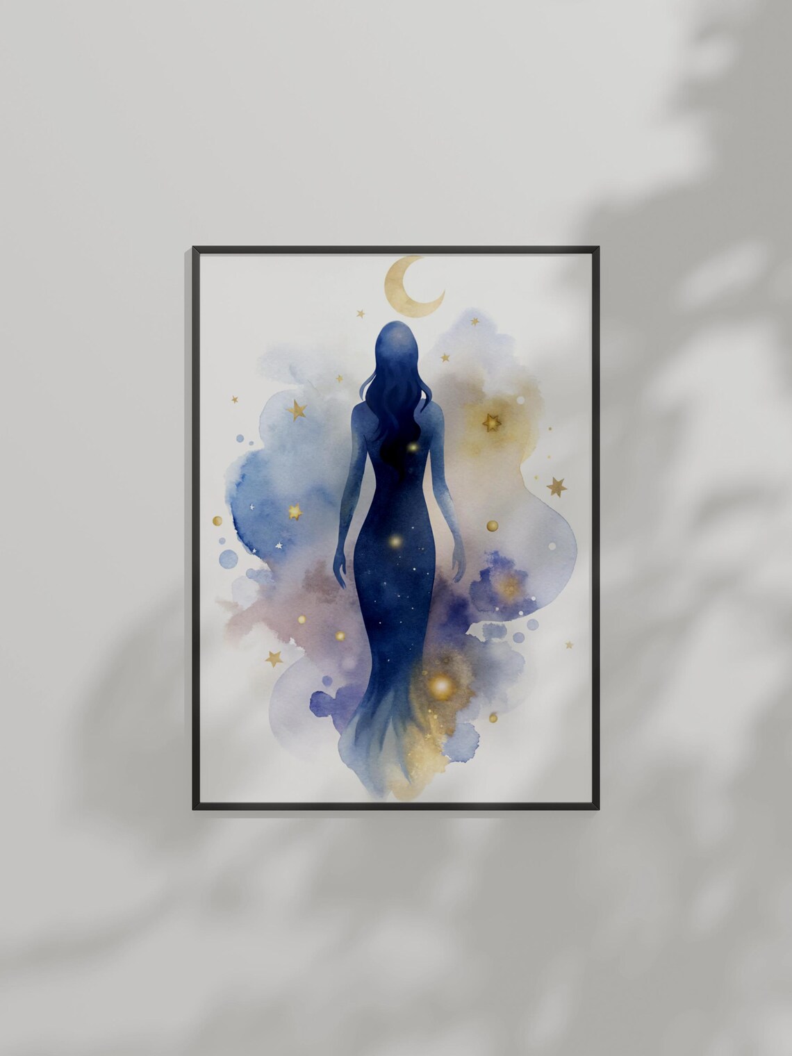 Celestial Woman Watercolor Poster Starry Night Silhouette With Gold Moon