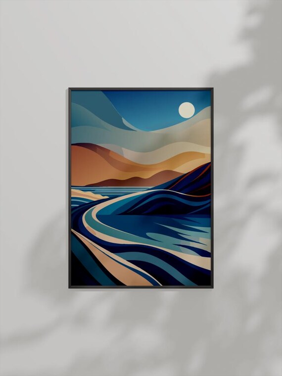 Blue Ocean Wave Curl Abstract Coastal Moon Modern Beach Poster Art