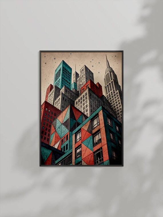 Modern Cityscape Geometric Skyscrapers Colorful Urban Architecture Poster