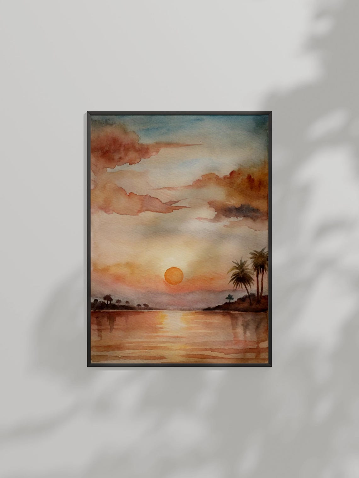 Serene Sunset Watercolor Golden Sun Palm Silhouette Lake Poster Art