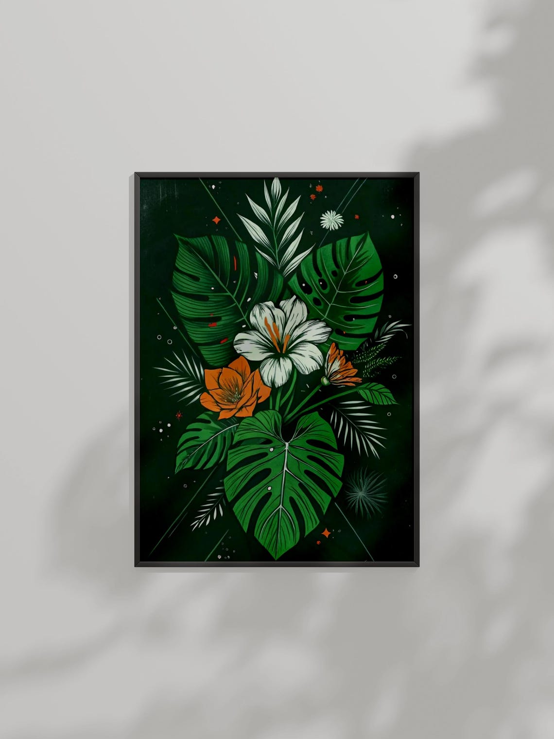 Tropical Botanical Poster Monstera Leaves And Hibiscus On Dark Green