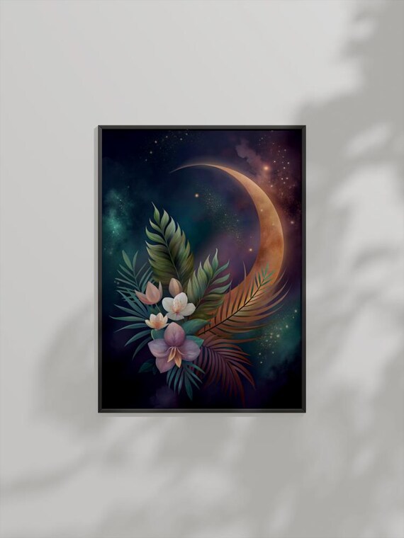 Crescent Moon Floral Night Sky Botanical Dreamy Starry Wall Art