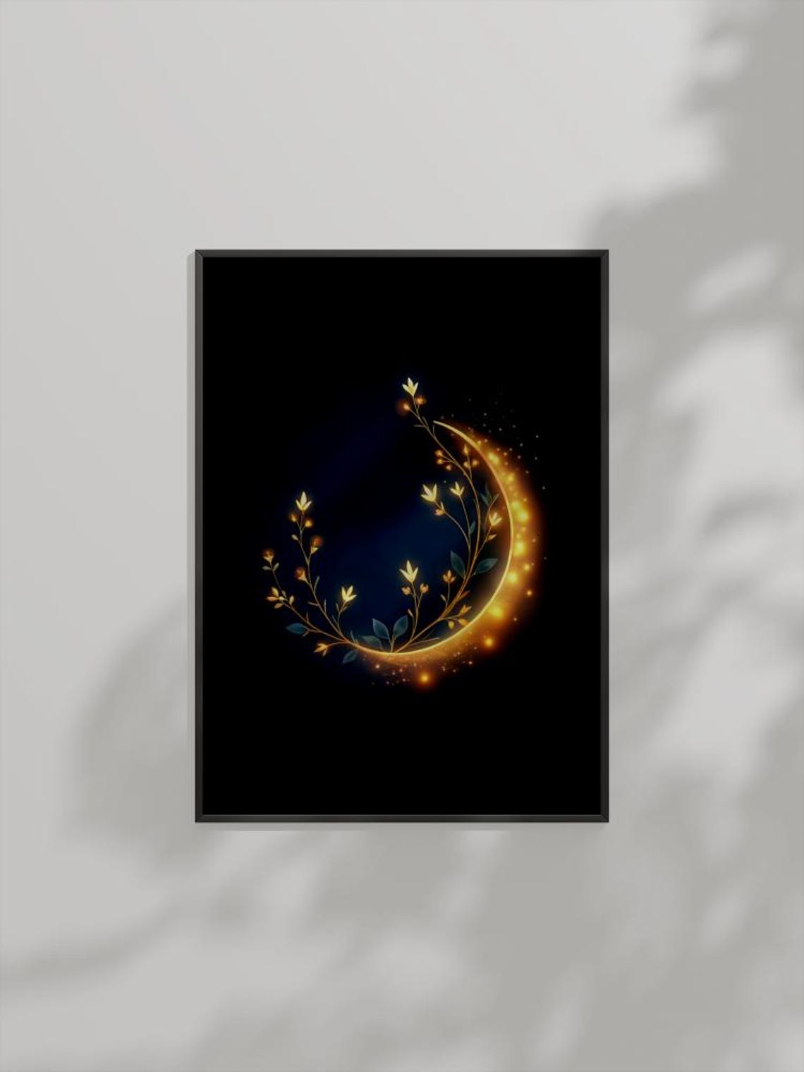 Golden Crescent Moon Botanical Art Celestial Magical Night Sky Poster