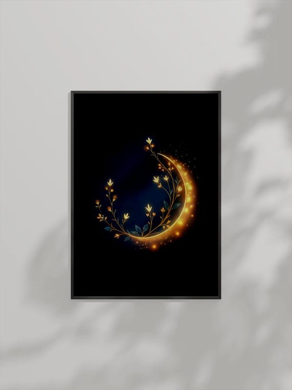Golden Crescent Moon Wall Art Celestial Botanical Magical Night Sky Decor Multiple Sizes