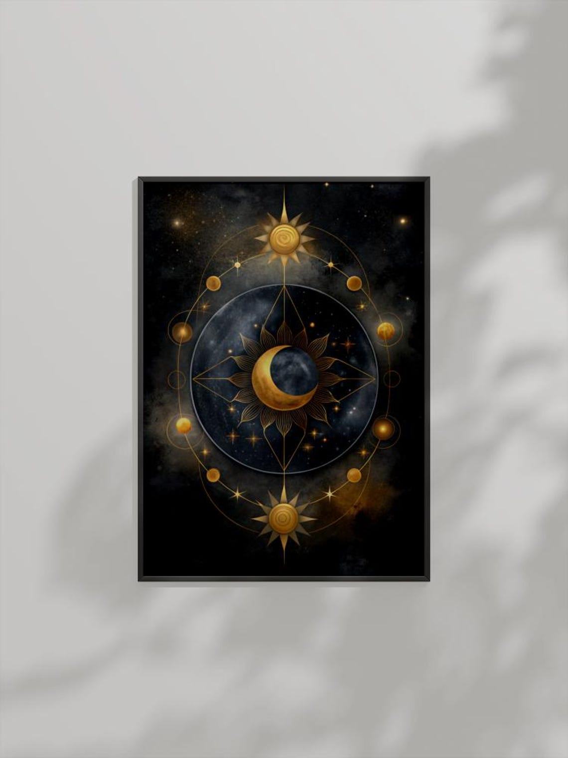 Mystical Sun Moon Gold Mandala Black Celestial Cosmic Night Poster