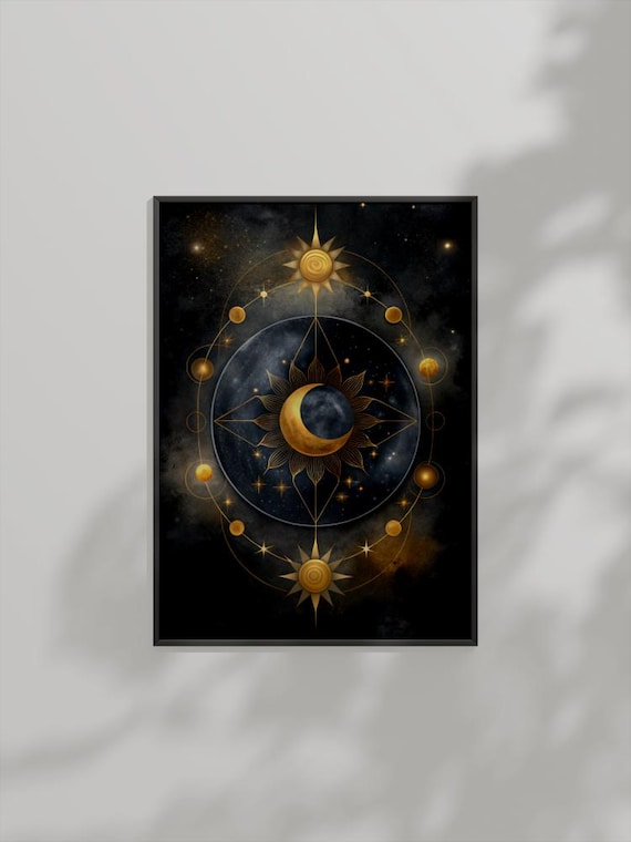 Mystical Sun Moon Gold Mandala Black Celestial Cosmic Night Poster