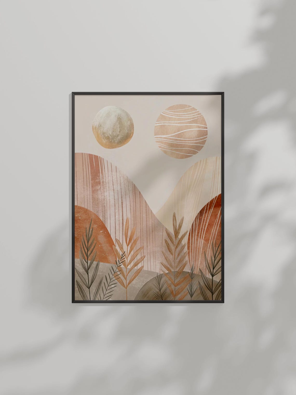 Boho Abstract Desert Hills with Two Suns Earthy Tone Art Poster
