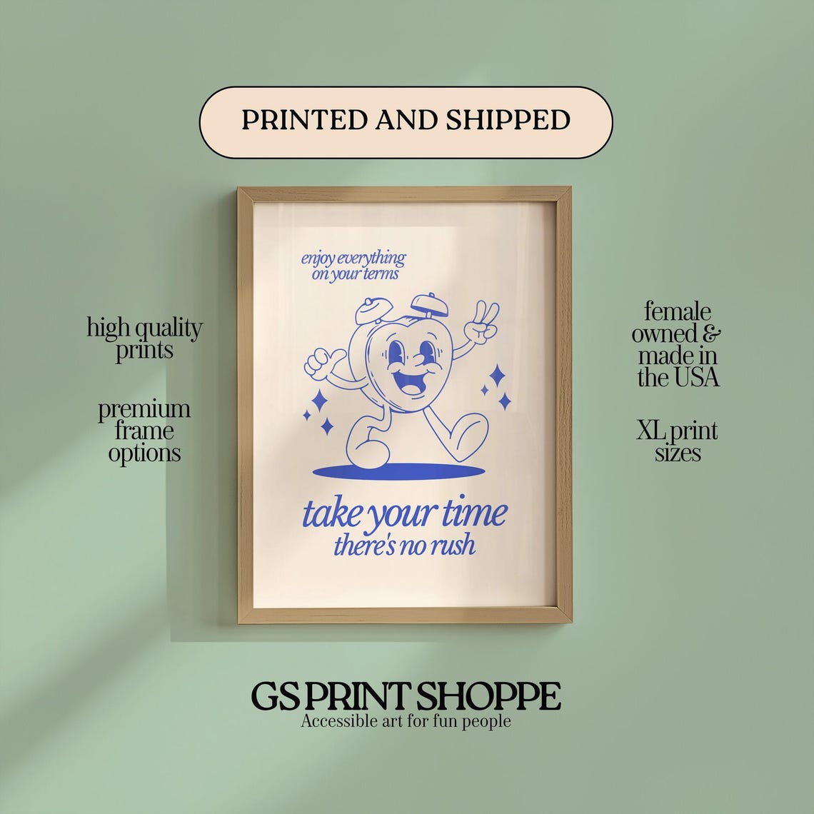 Take Your Time No Rush Blue Alarm Clock Retro Character Wall Art