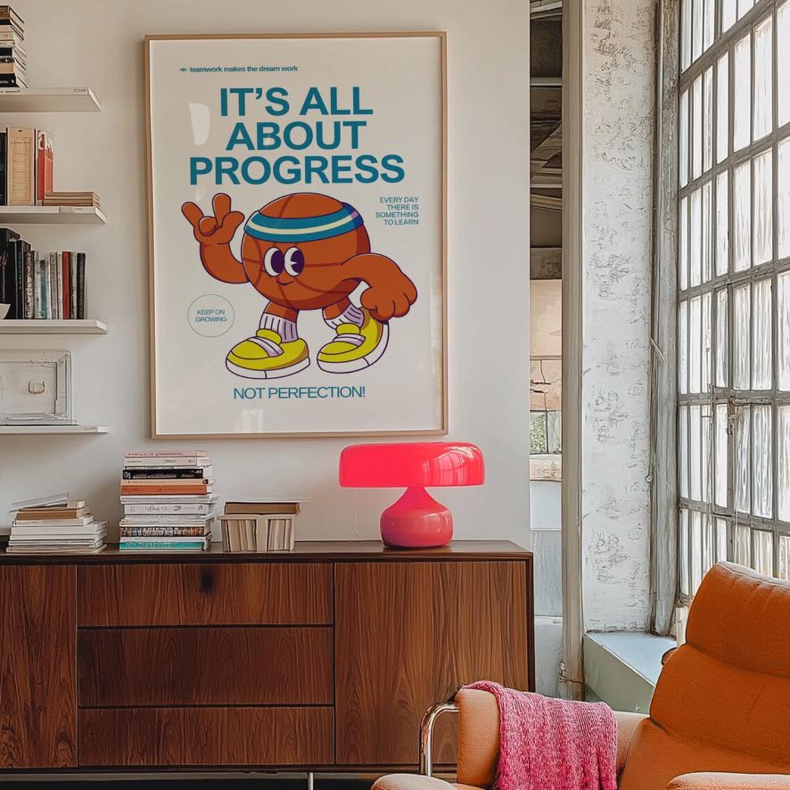 Its All About Progress Not Perfection Basketball Cartoon Sports Poster