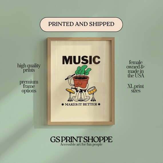 Music Makes It Better Retro Cartoon Plant Playing Drums Quote Art Print