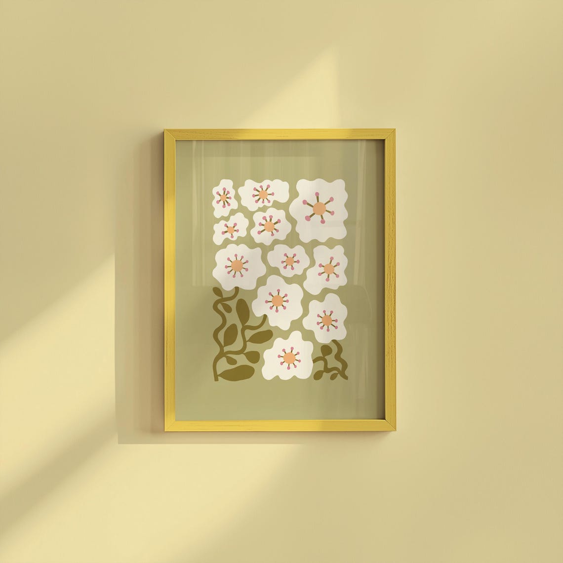 Abstract White Blossom Floral Sage Green Botanical Art Print