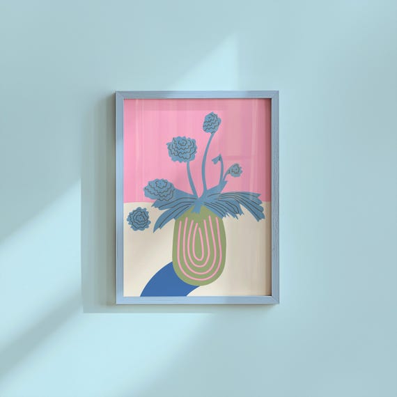 Abstract Flower Poster Print Retro Colourful Wall Art Boho Green Pink Matisse Inspired Flowers Dcor