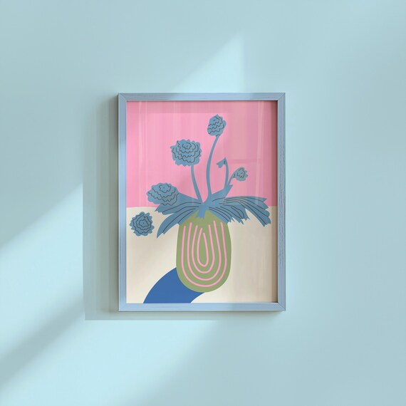 Blue Flowers In Vase Pink Background Matisse Inspired Botanical Poster