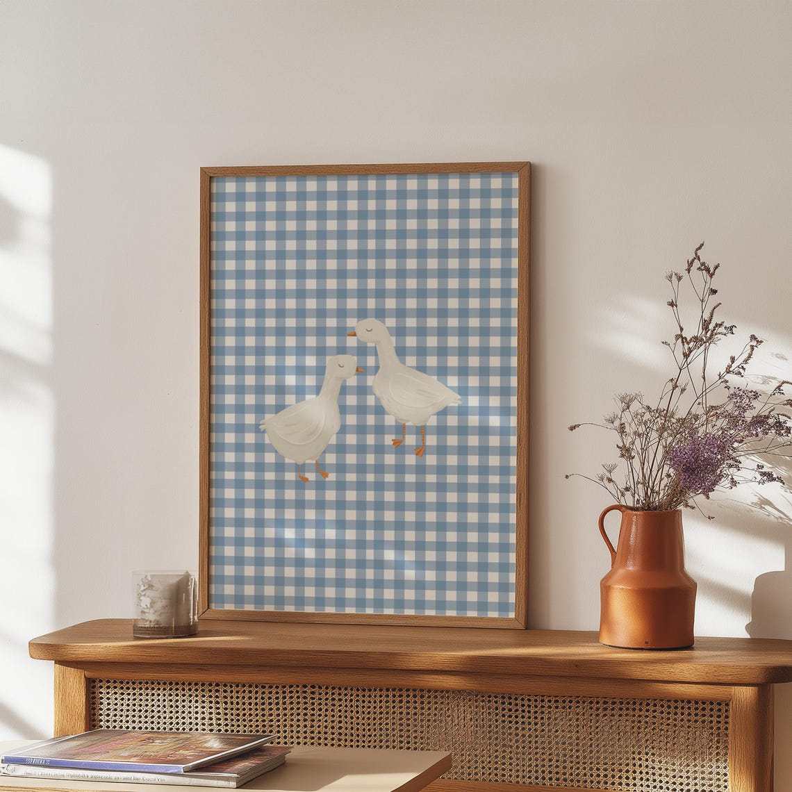 Cute Goose Pair Poster Blue Gingham Nursery Farmhouse Wall Charm