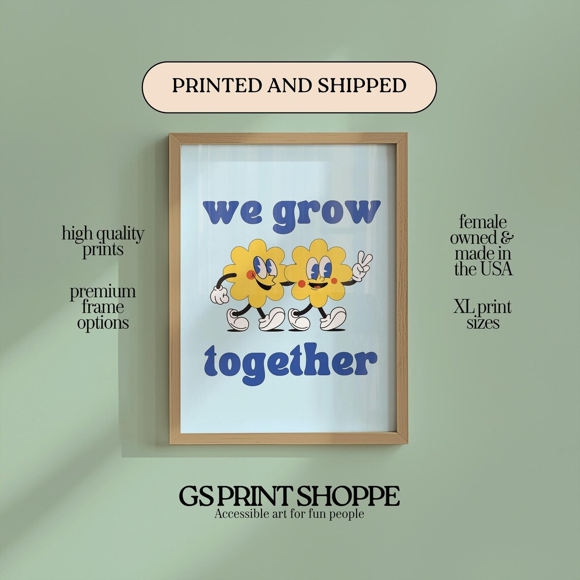 We Grow Together Retro Flower Friends Happy Quote Motivational Poster